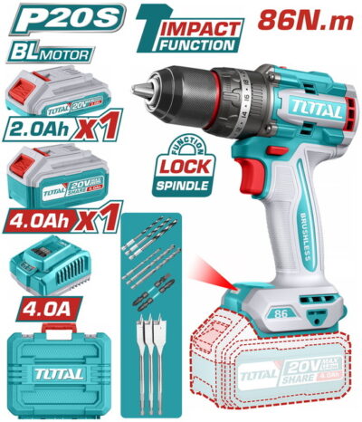 TOTAL ΕΠΑΓΓ. ΔΡΑΠ/ΒΙΔΟ ΚΡΟΥΣΤΙΚΟ ΜΠΑΤ. Li-ion 20V / 2Ah+4Ah / 86Nm / 2 ΜΠΑΤ BL Motor (TIDLI20868E)