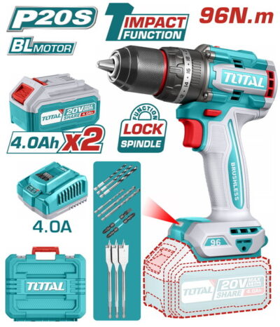 TOTAL ΕΠΑΓΓ. ΔΡΑΠ/ΒΙΔΟ ΚΡΟΥΣΤΙΚΟ ΜΠΑΤ. Li-ion 20V / 4Ah / 96Nm / 2 ΜΠΑΤ BL Motor (TIDLI20968E)