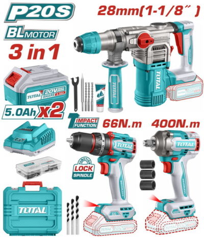 TOTAL ΕΠΑΓΓ. ΣΕΤ ΔΡΑΠ/ΒΙΔΟ ΚΡΟΥΣΤ.+ΠΝΕΥΜΑΤΙΚΟ ΠΙΣΤ.+ ΜΠΟΥΛΟΝΟΚΛΕΙΔΟ ΜΠΑΤ. Li-ion 20V (TCKLI20638E)