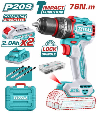 TOTAL ΕΠΑΓΓ. ΔΡΑΠ/ΒΙΔΟ ΚΡΟΥΣΤΙΚΟ ΜΠΑΤ. Li-ion 20V / 2Ah / 76Nm / 2 ΜΠΑΤ BL Motor (TIDLI20768E)