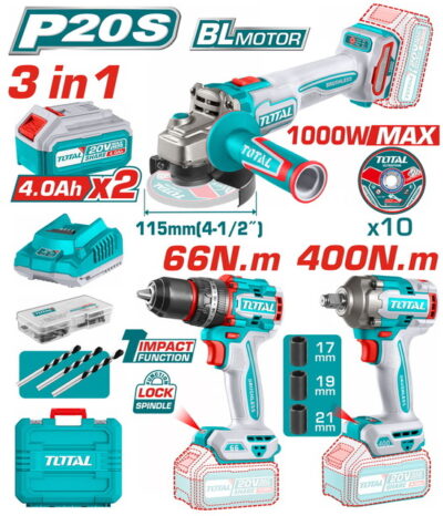 TOTAL ΕΠΑΓΓ. ΣΕΤ ΔΡΑΠ/ΒΙΔΟ ΚΡΟΥΣΤ.+ ΜΠΟΥΛΟΝΟΚΛΕΙΔΟ + ΓΩΝΙΑΚΟΣ ΤΡΟΧΟΣ ΜΠΑΤ. Li-ion 20V (TOSLI241291E)