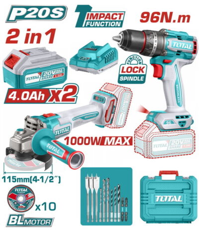 TOTAL ΕΠΑΓΓ. ΣΕΤ ΔΡΑΠ/ΒΙΔΟ ΚΡΟΥΣΤ. 96Nm + ΓΩΝΙΑΚΟΣ ΤΡΟΧΟΣ 115mm ΜΠΑΤ. Li-ion 20V (TOSLI241298E)