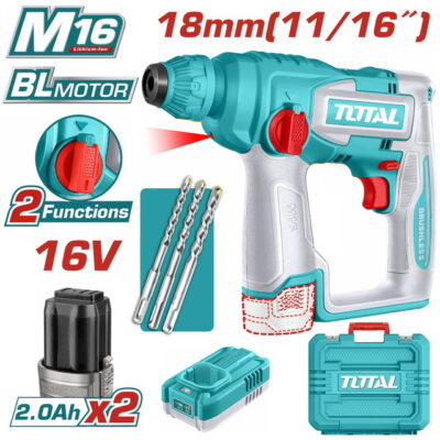 TOTAL ΕΠΑΓΓ. ΠΝΕΥΜΑΤΙΚΟ ΠΙΣΤΟΛΕΤΟ SDS-PLUS ΜΠΑΤ. Li-ion 16V / 2Ah / 2 ΜΠΑΤ (TRHLI16168)